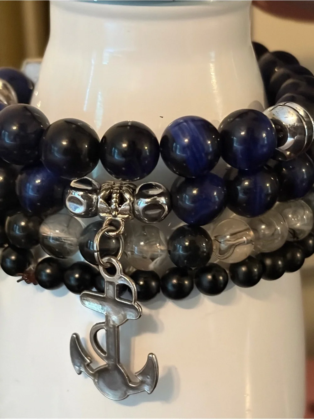 Men's Black & Navy Beaded Anchor Bracelet Stack